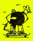 Animated illustration of an eye-shaped character riding a skateboard holding a laptop